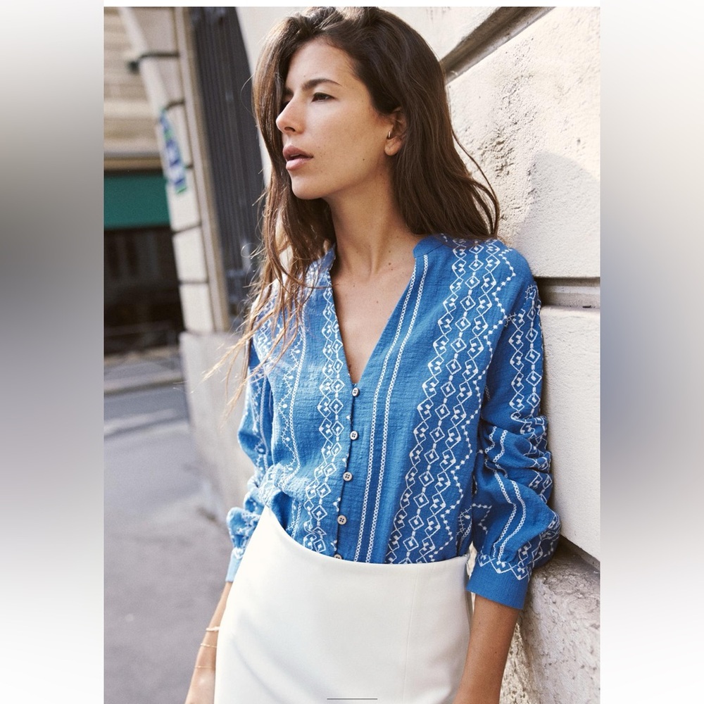 Zara wood button embroidered blouse